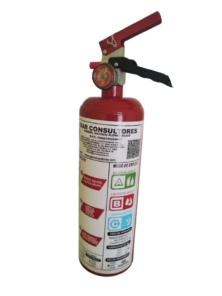 Extintor de 2 kg cargado con agente extinguidor a base de Polvo Químico Seco